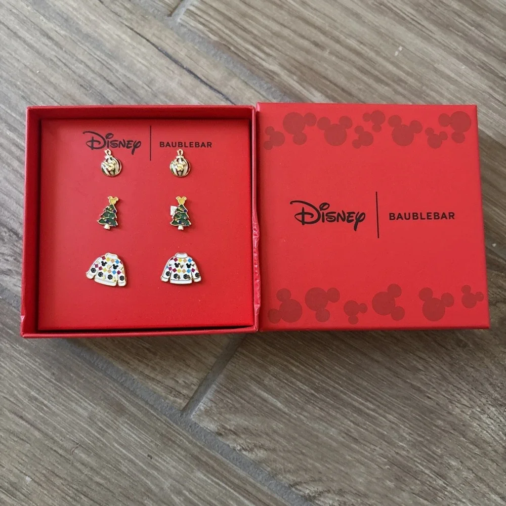 Disney Baublebar Christmas Sweater Trees Ornaments Earrings Set Of 3‎ Studs